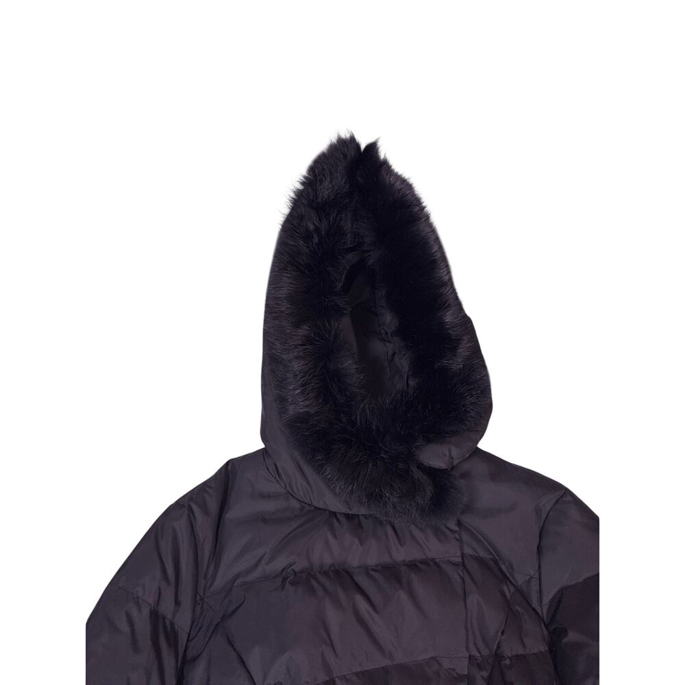 T Tahari Down Puffer Coat Womens Large Black Belted Rabbit Fur Trim Hood Sleeves - Picture 3 of 7